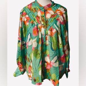 EE:Some Floral Blouse Shirt Top Button Down Green Pink Boho Medium Long Sleeved